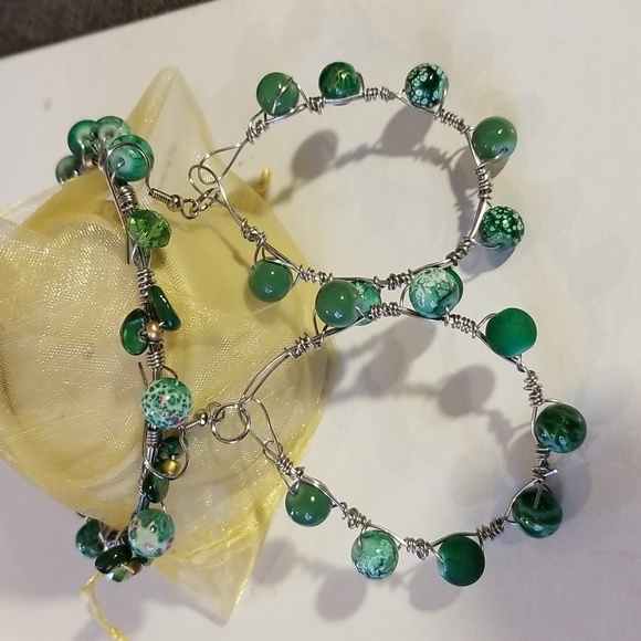 Boho Faux Jade Stone Chunky Bangle Earring Bracelet  Set - Picture 13 of 16